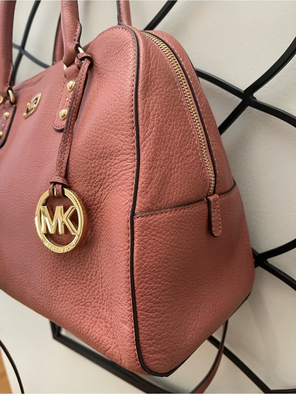 Michael Kors Rosewood Pebbled Leather Satchel with Gold MK Charm